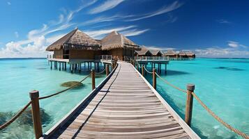 ai generato sorprendente soleggiato panorama a Maldive. lusso ricorrere ville paesaggio marino con Incremento su colori, blu mare cielo, fantastico molo. Perfetto estate vacanza vacanza sfondo. foto