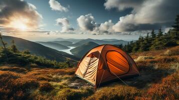 ai generato eccezionale campeggio nel superiore di montagna. solitario verde tenda è nascosto nel un' montagna foresta tra rosso nano betulla cespugli. turismo concetto avventura viaggio all'aperto foto