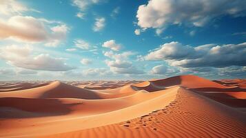 ai generato bellissimo paesaggio di deserto dune montagne con luminosa nuvole cielo. minimo natura sfondo. foto