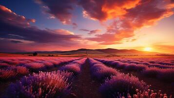 ai generato meraviglioso scenario, sorprendente estate paesaggio di fioritura lavanda fiori, tranquillo, calmo tramonto Visualizza, agricoltura scenico. bellissimo natura sfondo foto