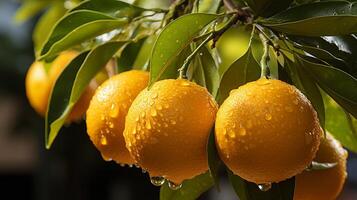 ai generato il arance siamo sospeso su un' albero nel il giardino sfondo foto