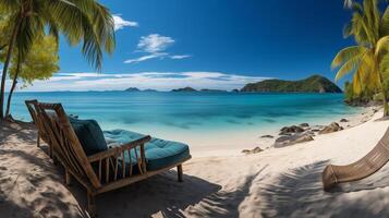 ai generato bellissimo panoramico natura. tropicale spiaggia come estate isola paesaggio con sedie ombrello palma le foglie calma mare costa, costa. foto