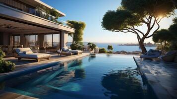 ai generato nuoto piscina nel lusso villa con mare Visualizza. foto