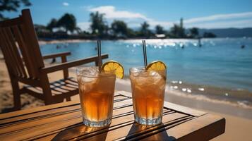 ai generato Due bicchieri di succo con uno essere tenuto su con un' cannuccia, bellissimo panoramico natura. tropicale spiaggia come estate isola paesaggio con sedie ombrello palma le foglie calma mare costa, costa. foto