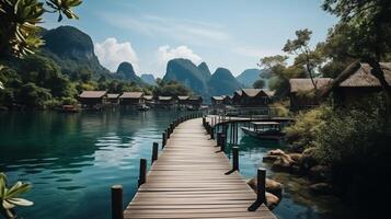 ai generato rilassante su legna ponte nel bellissimo destinazione isola, phang-nga baia, blu cielo, avventura stile di vita viaggio Tailandia, turismo natura paesaggio Asia, turista su estate vacanza foto