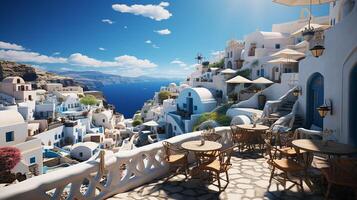 ai generato santorini isola, Grecia. paesaggio con bellissimo panorama e mare Visualizza. fantastico estate vacanza e vacanza concetto foto