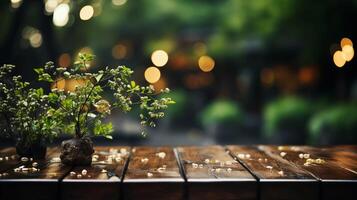 ai generato vuoto di legno tavolo, verde bokeh sfondo foto