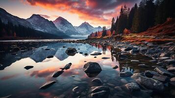 ai generato eccezionale natura paesaggio. bellissimo scena con alto tatra montagna picchi, pietre nel montagna lago, calma lago acqua, riflessione, colorato tramonto cielo. foto