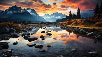 ai generato eccezionale natura paesaggio. bellissimo scena con alto tatra montagna picchi, pietre nel montagna lago, calma lago acqua, riflessione, colorato tramonto cielo. foto