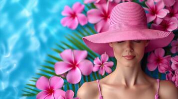 ai generato sereno donna nel rosa cappello di acquatico fondale foto