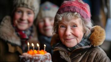 ai generato gioioso anziano donna festeggiare compleanno con nipoti all'aperto foto