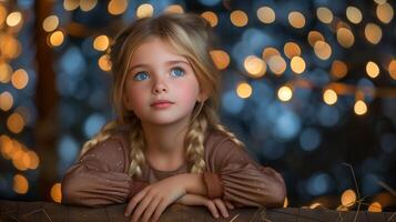 ai generato sognante ritratto di un' giovane ragazza con scintillante sfondo luci foto