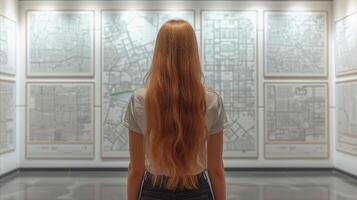 ai generato donna contemplando città mappe su Schermo nel moderno galleria foto