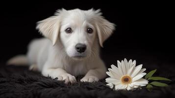 ai generato adorabile bianca cucciolo con bellissimo margherita su buio sfondo foto