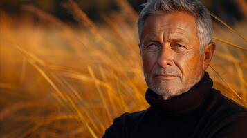 ai generato anziano uomo contemplando nel d'oro campo a tramonto foto