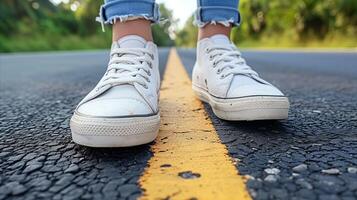 ai generato avvicinamento di bianca scarpe da ginnastica su asfalto strada con giallo linea foto