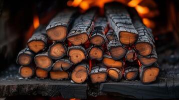 ai generato avvicinamento di ardente legna da ardere con raggiante brace e fiamme foto