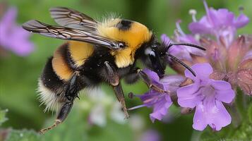 ai generato vicino su di ape raccolta nettare su fiore foto