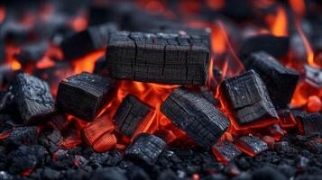 ai generato avvicinamento di carbone ardente con intenso fiamme per barbecue e grigliate foto