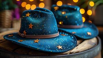 ai generato scintillante stellato cowboy cappelli contro un' bokeh leggero fondale foto