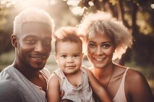 ai generato contento giovane famiglia su soleggiato giorno, sorridente afro americano papà con figlia e moglie all'aperto stile di vita foto