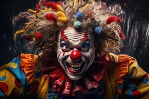 ai generato Grasso raccapricciante maschio artista con rosso naso e trucco, ridendo clown foto