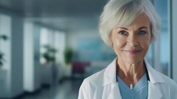 ai generato assistenza sanitaria e medicina bandiera con copia spazio, ritratto di carino sorridente anziano donna medico indossare bianca medico lavoratore laboratorio cappotto e guardare a telecamera foto