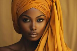 ai generato rivista moda bellezza ritratto sensuale bellissimo africano americano donna modello indossare giallo tradizionale foulard su testa guardare a telecamera foto
