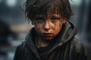 ai generato ritratto di un' triste sporco bambino nel umido Abiti guardare a telecamera, piccolo povero ragazzo all'aperto. sociale i problemi foto