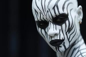 ai generato moda idea ritratto di un africano americano donna con bianca macchie di dipingere su sua viso, un' femmina bellezza ritratto con un' zebra modello trucco su un' nero sfondo foto