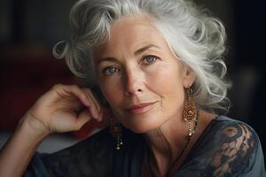 ai generato ritratto di un elegante vecchio donna con rughe e grigio capelli guardare a il telecamera. naturale bellezza, anziano persone e pelle cura foto