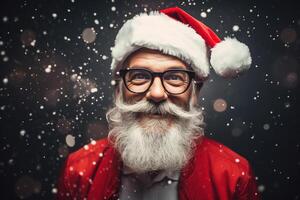 ai generato Natale concetto, sorridente barbuto baffuto anziano fricchettone uomo nel rosso bicchieri e festa cappello su nevoso sfondo foto