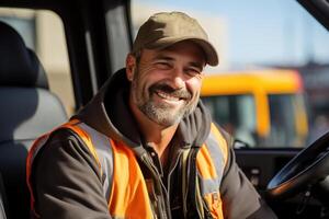 ai generato sorridente adulto caucasico maschio camion autista, ritratto di contento barbuto uomo guida nel auto foto