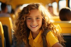 ai generato contento sorridente Riccio caucasico scolara con zaino nel giallo scuola autobus guardare a telecamera, indietro per scuola, studia concetto foto