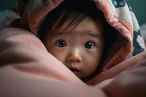 ai generato divertente carino asiatico bambino sotto coperture nel letto. ritratto di poco neonato ragazza con nero occhi guardare a telecamera foto