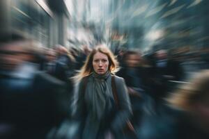 ai generato confuso in ritardo solitario donna nel folla di le persone, corsa ora movimento sfocatura. città vita foto