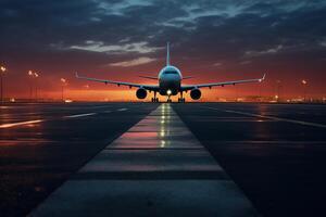 ai generato aereo su il pista di decollo a tramonto foto