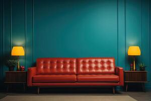 ai generato pelle rosso elegante divano e Due capezzale tavoli vicino blu parete. il design di il camera è minimalismo foto