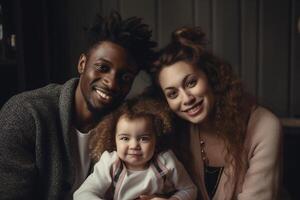 ai generato interrazziale famiglia, ritratto di contento Multi etnico genitori con carino poco figlia guardare a telecamera, in casa foto