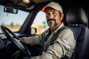 ai generato messicano maschio camion autista, ritratto di uomo camionista guida nel auto guardare a telecamera foto