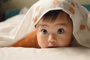 ai generato divertente poco asiatico bambino sotto il coperture nel letto. ritratto di affascinante carino viso di neonato bambino sbirciando su a partire dal sotto fogli, nero occhi foto