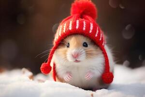ai generato carino soffice poco criceto nel un' rosso a maglia cappello in piedi nel neve su un' inverno giorno, avvicinamento di roditore all'aperto foto