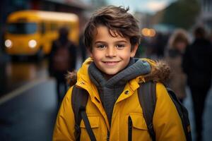 ai generato indietro per scuola, sorridente bello scolaro nel giacca con zaino all'aperto guardare a telecamera foto