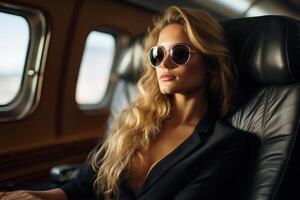 ai generato riuscito elegante donna volante nel aereo nel attività commerciale classe, sexy giovane donna d'affari nel bicchieri seduta nel vip camera foto