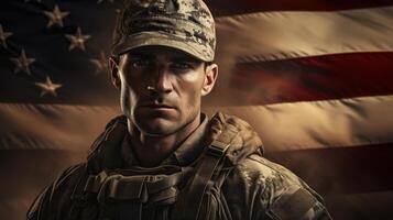 ai generato ritratto di grave adulto maschio soldato su sfondo di americano bandiera, patriota nel militare uniforme guardare a telecamera. patriota e memoria giorno concetto foto