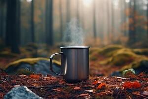 ai generato avvicinamento di un' campeggio metallo boccale con un' caldo bevanda e vapore in piedi nel autunno foresta. semplice tazza con posto per il branding nel natura, escursioni a piedi concetto foto