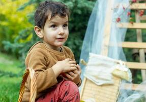 il poco bambino giocando nel il parco con frutta, poco ragazza nel il autunno parco foto