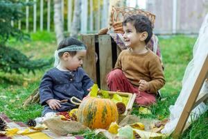 il poco bambini siamo giocando nel il parco con frutta, poco ragazza e ragazzo nel il autunno parco foto