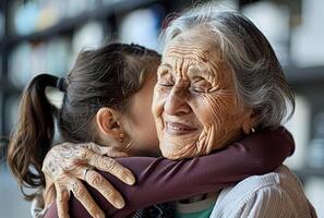 ai generato anziano donna abbracci giovane ragazza, emotivo bacio immagine foto