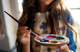 ai generato un' giovane ragazza detiene un' spazzola e dipingere tavolozza, mondo arte giorno design foto